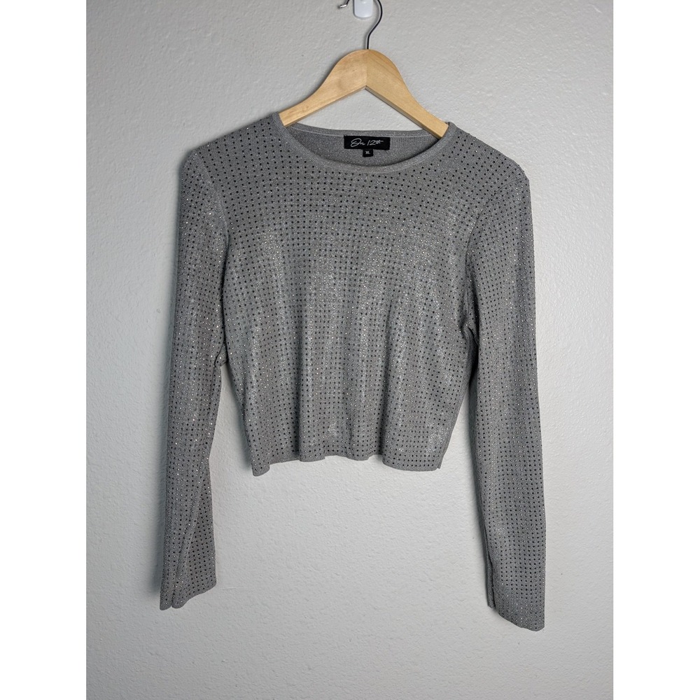 On 12th Sweater Pullover Womens XL Gray Rhinestone Studded Crew‎ Neck Cropped
